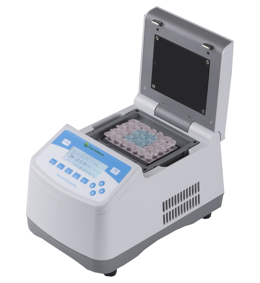 ALEMADR-DB dry bath incubator with the heating lid open and a block with tubes