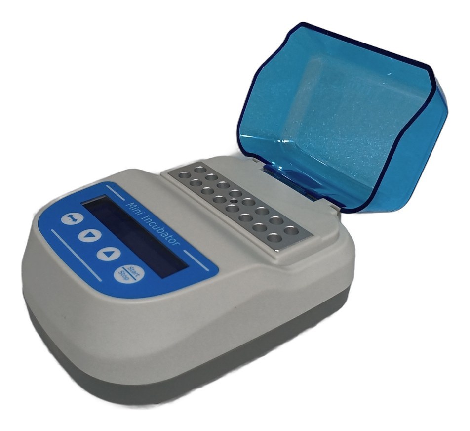 ALEMADR-MB2 mini dry bath incubator with the cover open and a built-in block for 16 × 0.2 ml tubes
