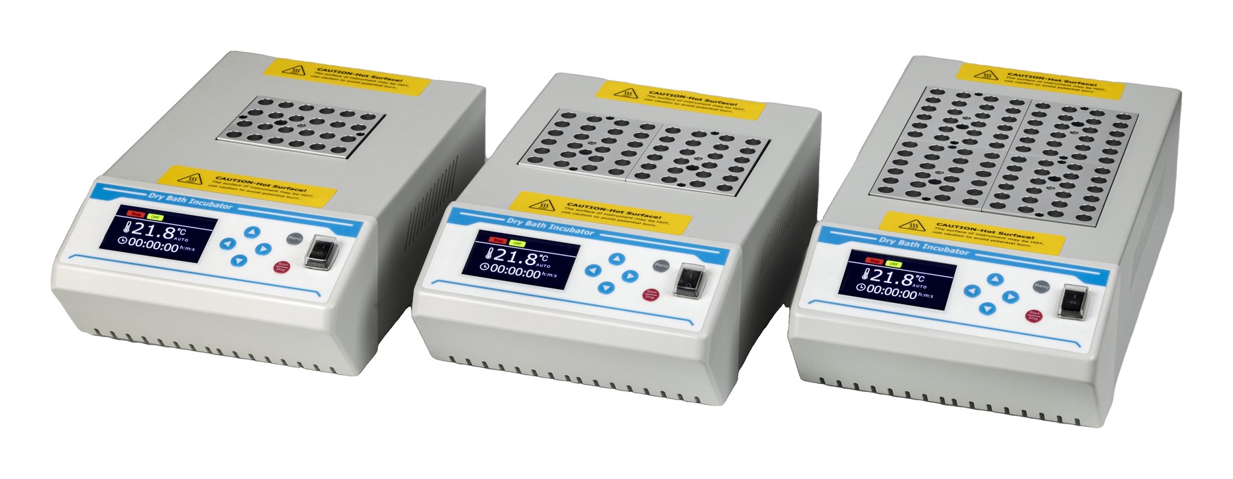 ALEMADR-SB dry block incubator in three sizes, SB1, SB2 and SB4, with colour display