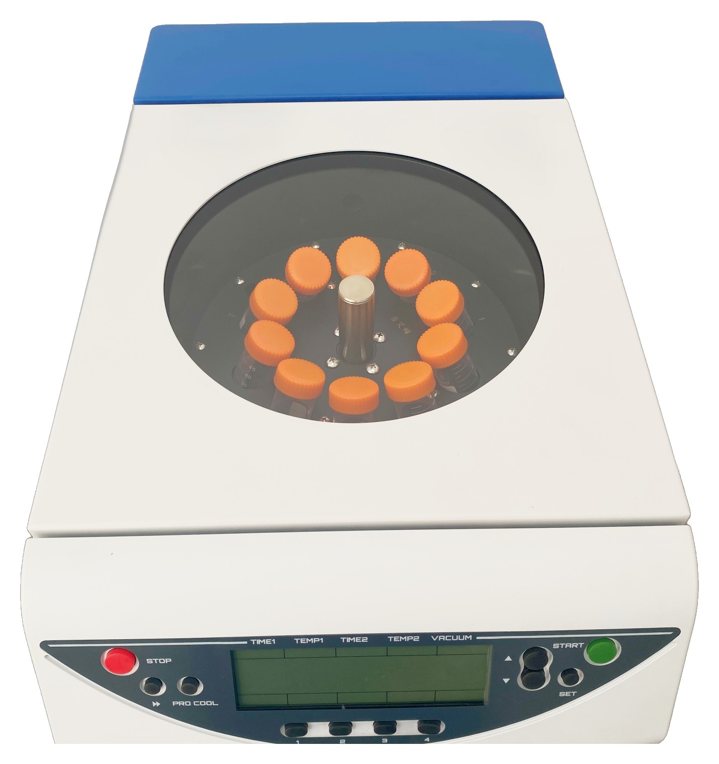 LACEVAC6 centrifugalni vakuumski koncentrator od zgoraj, rotor z epruvetami za steklenim oknom