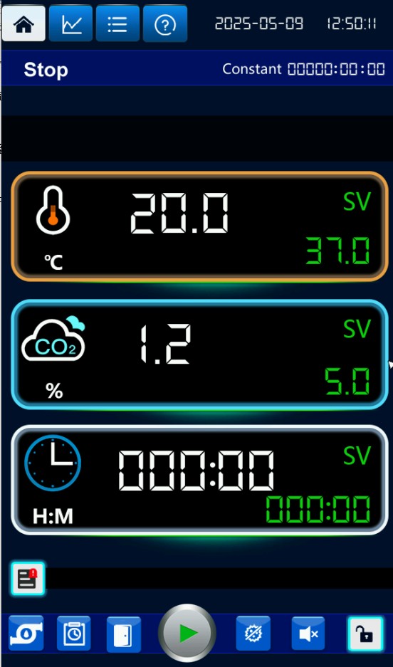 MBINCO-HT home screen with temperature, CO2 and timer