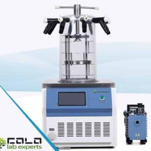 LYOPHIL800 benchtop freeze dryer with transparent bell drying chamber, manifold ports and the external vacuum pump supplied as standard